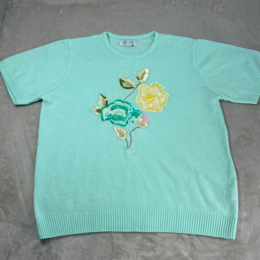 Haband Women's Knit Top Mint Green Medium Sequins Embroidery Floral